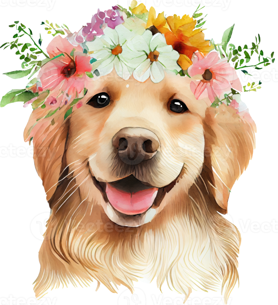 Cute Golden Retriever Dog Flowers Watercolor Illustration png