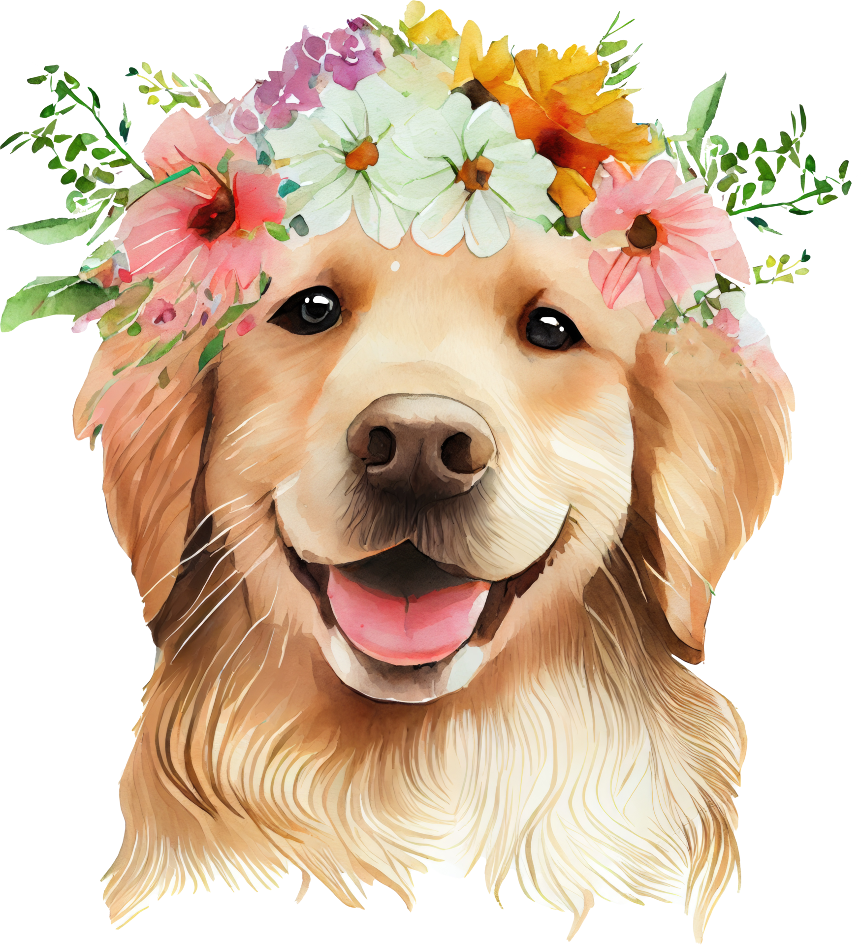 Cute Golden Retriever Dog Flowers Watercolor Illustration 21183336 PNG