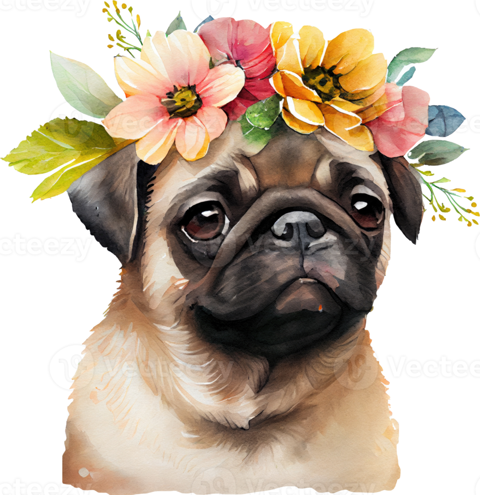 Cute Pug Dog Flowers Watercolor Illustration png