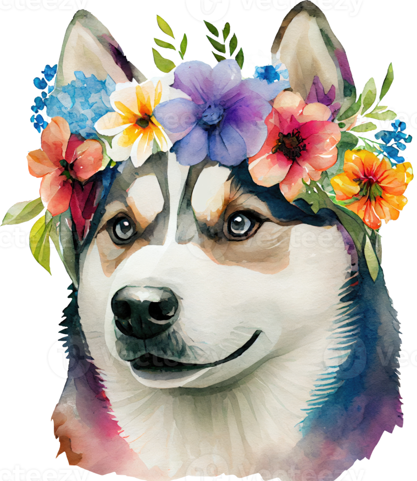 Cute Siberian Husky Dog Flowers Watercolor Illustration png