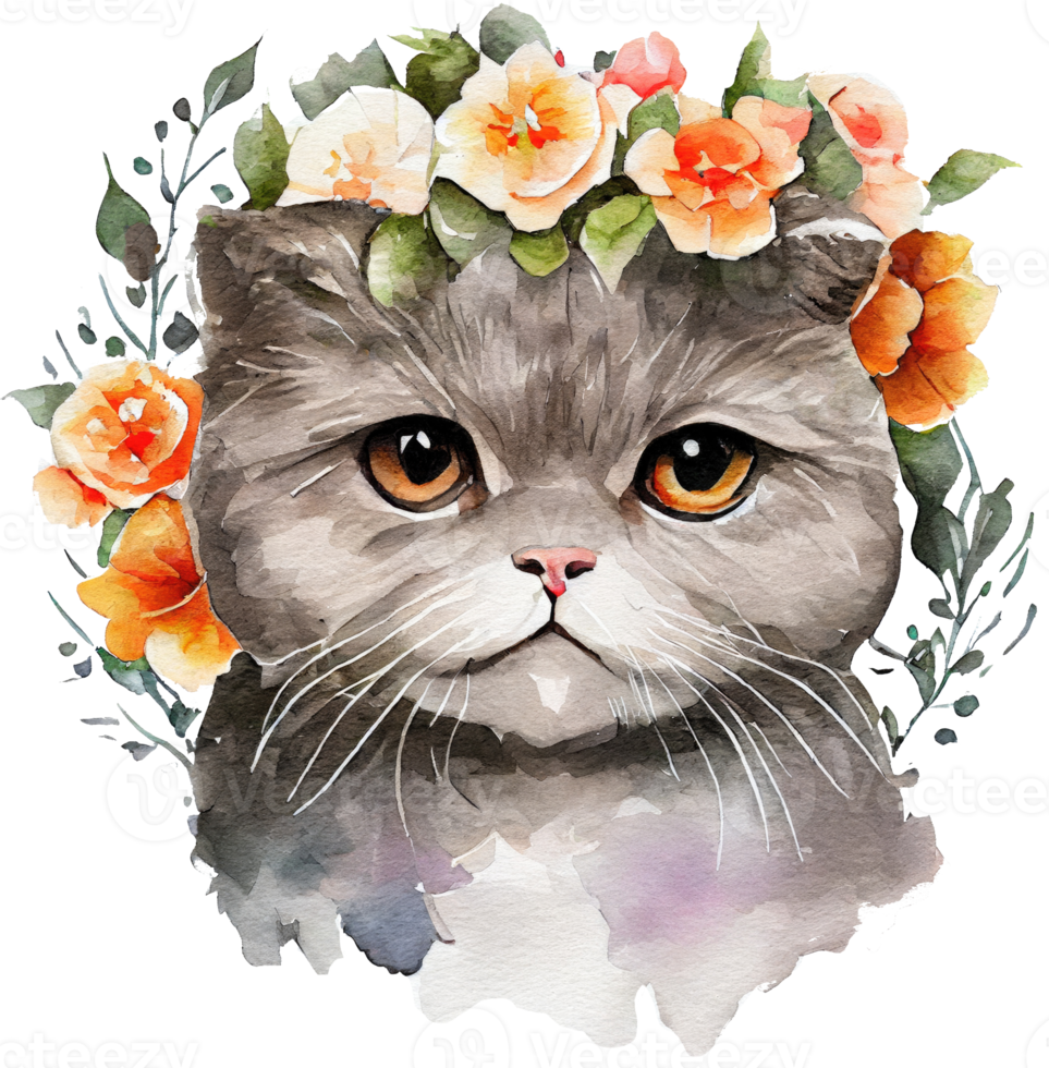 süß britisch Katze Blumen Aquarell Illustration png