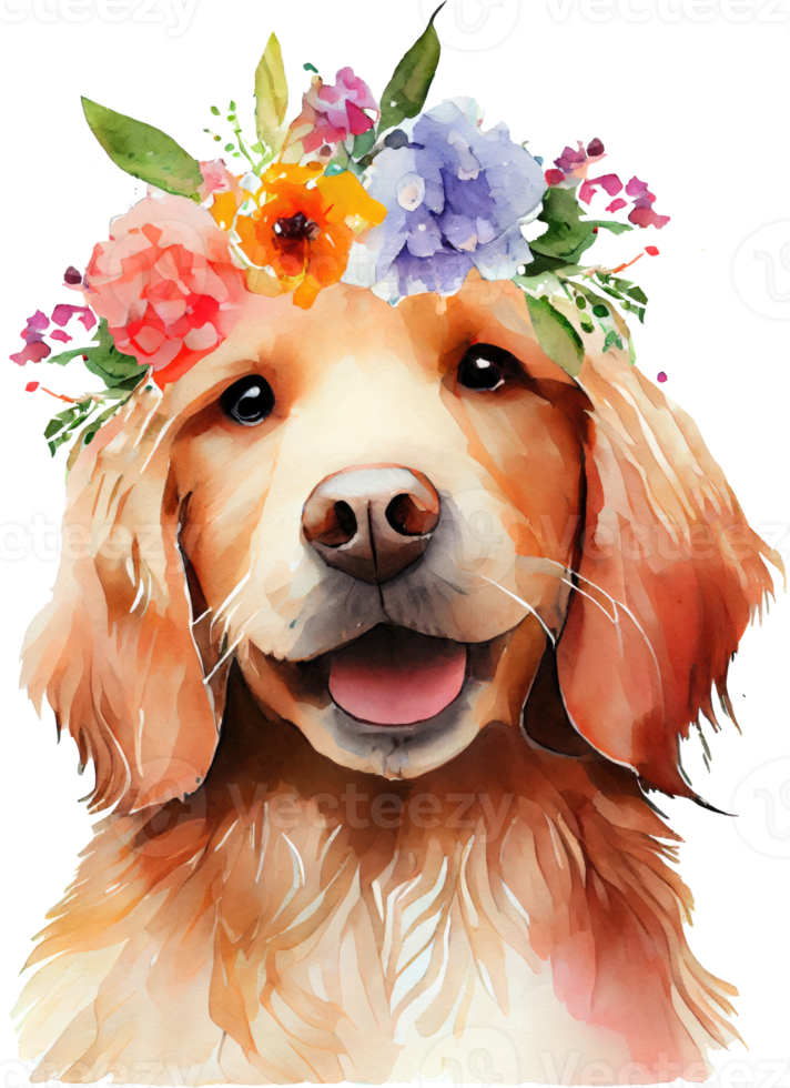 Cute Golden Retriever Dog Flowers Watercolor Illustration png