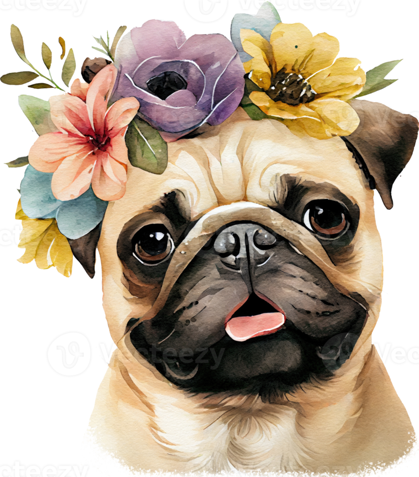 Cute Pug Dog Flowers Watercolor Illustration png