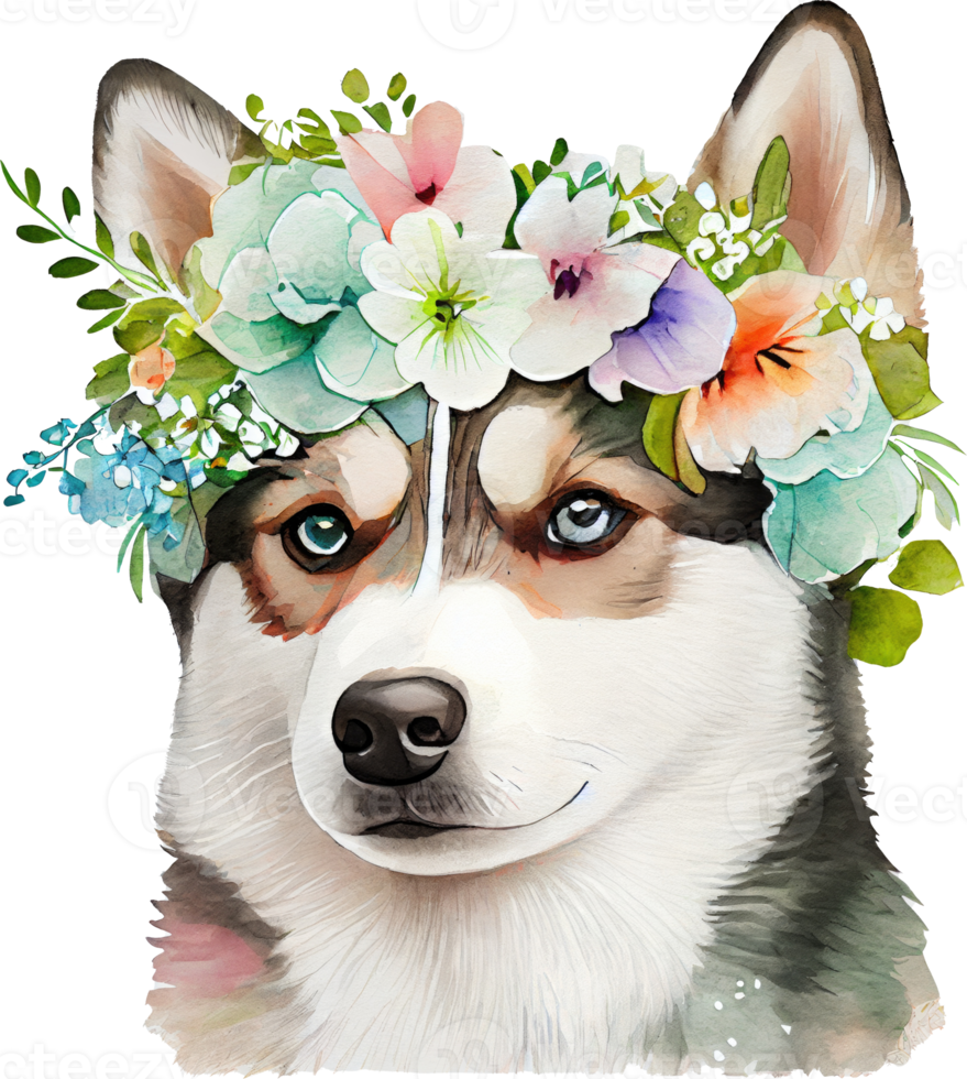 Cute Siberian Husky Dog Flowers Watercolor Illustration png