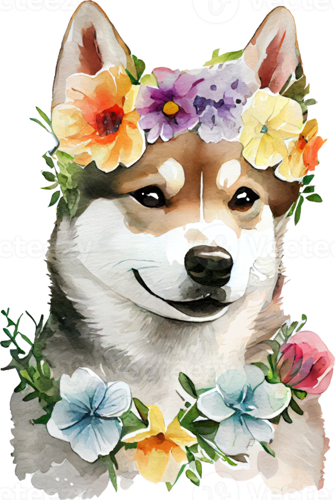 Cute Siberian Husky Dog Flowers Watercolor Illustration png