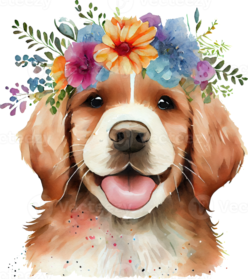 söt gyllene retriever hund blommor vattenfärg illustration png