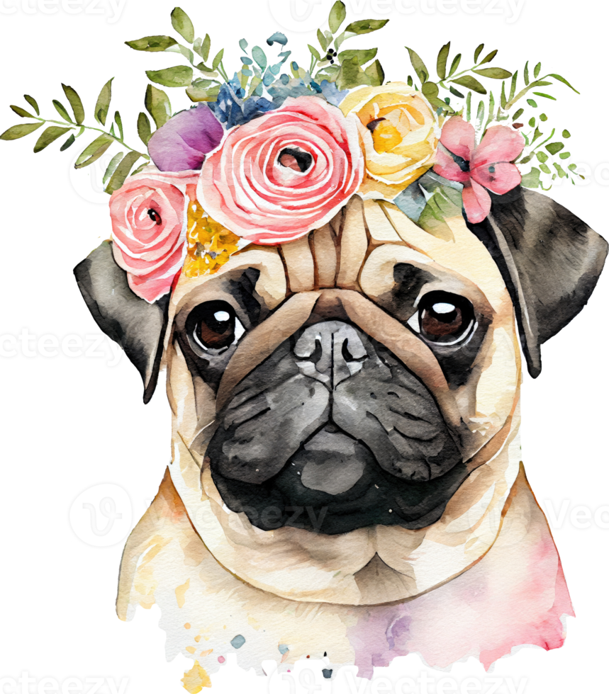 fofa pug cachorro flores aguarela ilustração png