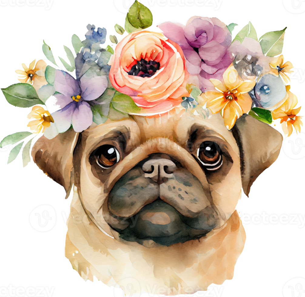 Cute Pug Dog Flowers Watercolor Illustration png