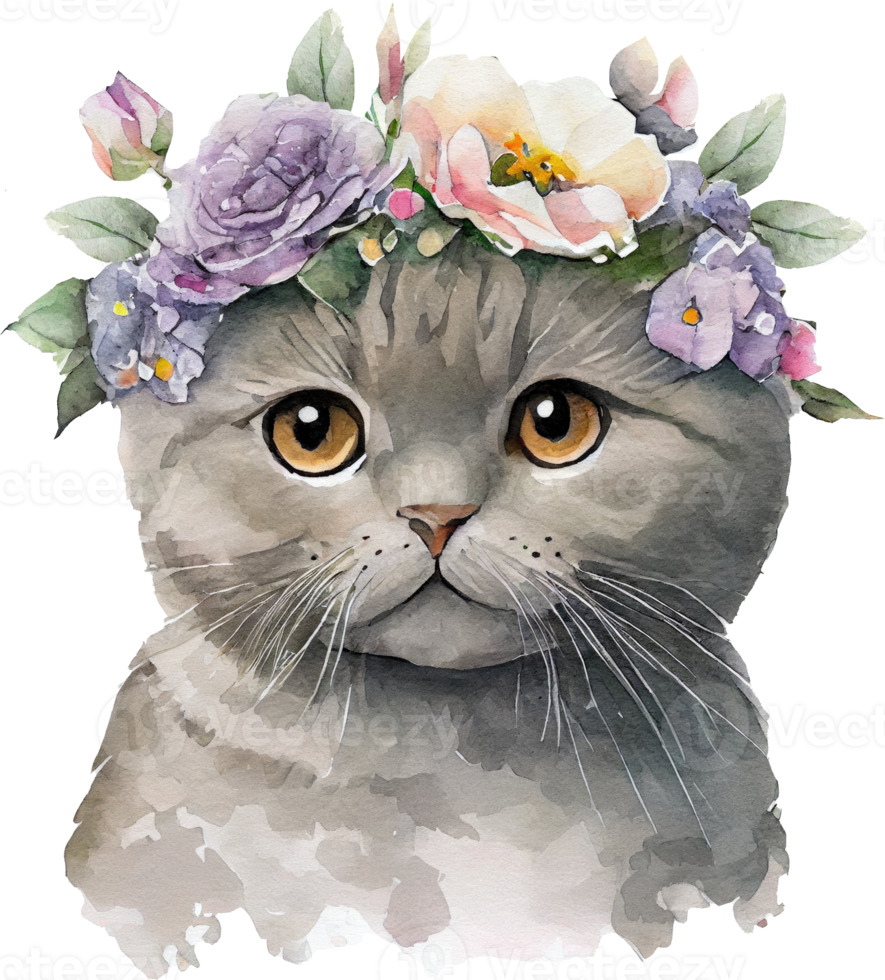 Cute British Cat Flowers Watercolor Illustration png