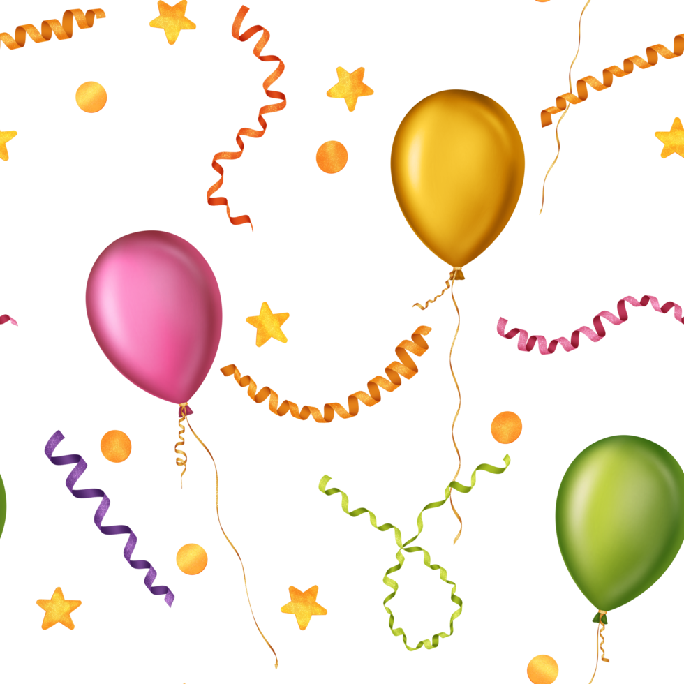Seamless pattern of colorful balloons, ribbons and confetti on the transparent png