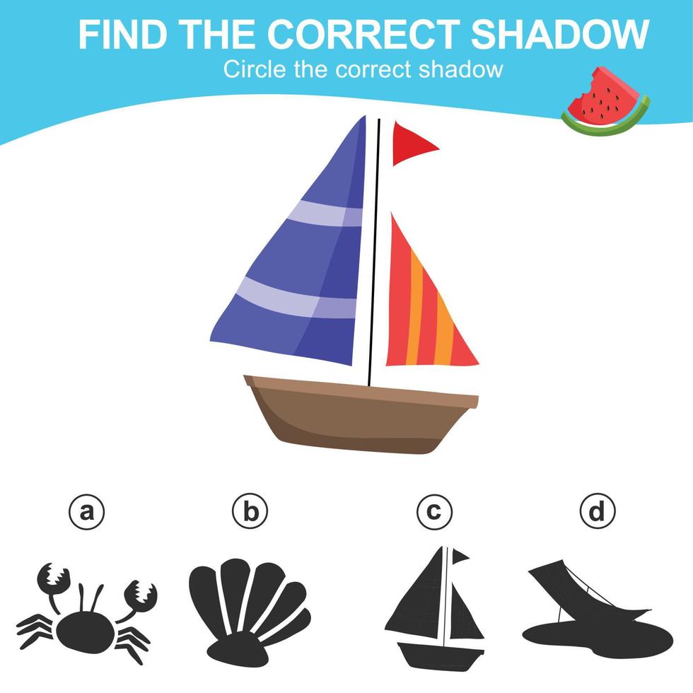 Find the correct shadow. Matching shadow game for children. Worksheet for kid. Educational printable worksheet. Vector illustration.