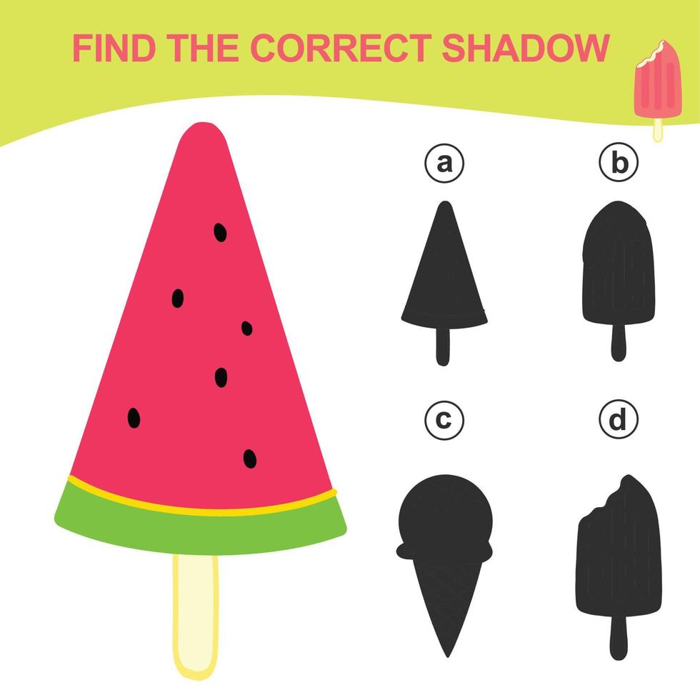 Find the correct shadow. Matching ice cream with the shadow. Worksheet for kid. Educational printable worksheet. Vector illustration.