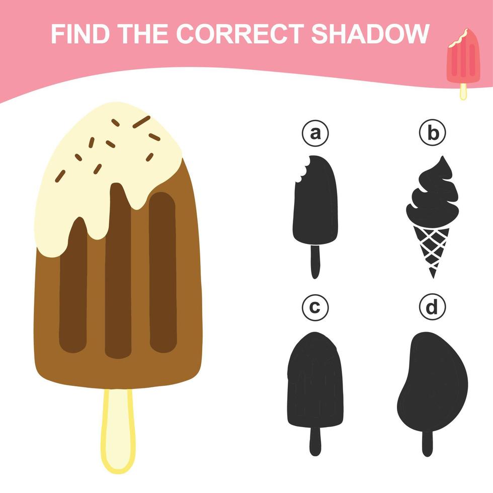 Find the correct shadow. Matching ice cream with the shadow. Worksheet for kid. Educational printable worksheet. Vector illustration.