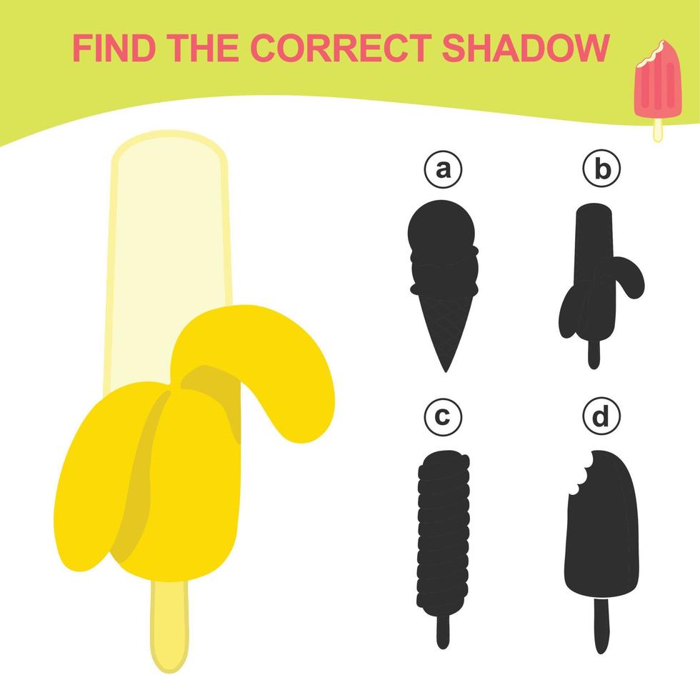 Find the correct shadow. Matching ice cream with the shadow. Worksheet for kid. Educational printable worksheet. Vector illustration.