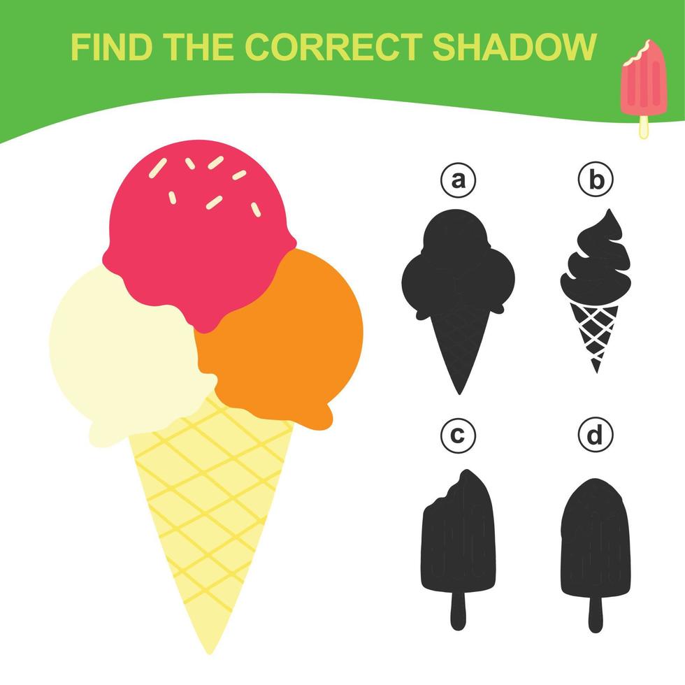 Find the correct shadow. Matching ice cream with the shadow. Worksheet for kid. Educational printable worksheet. Vector illustration.