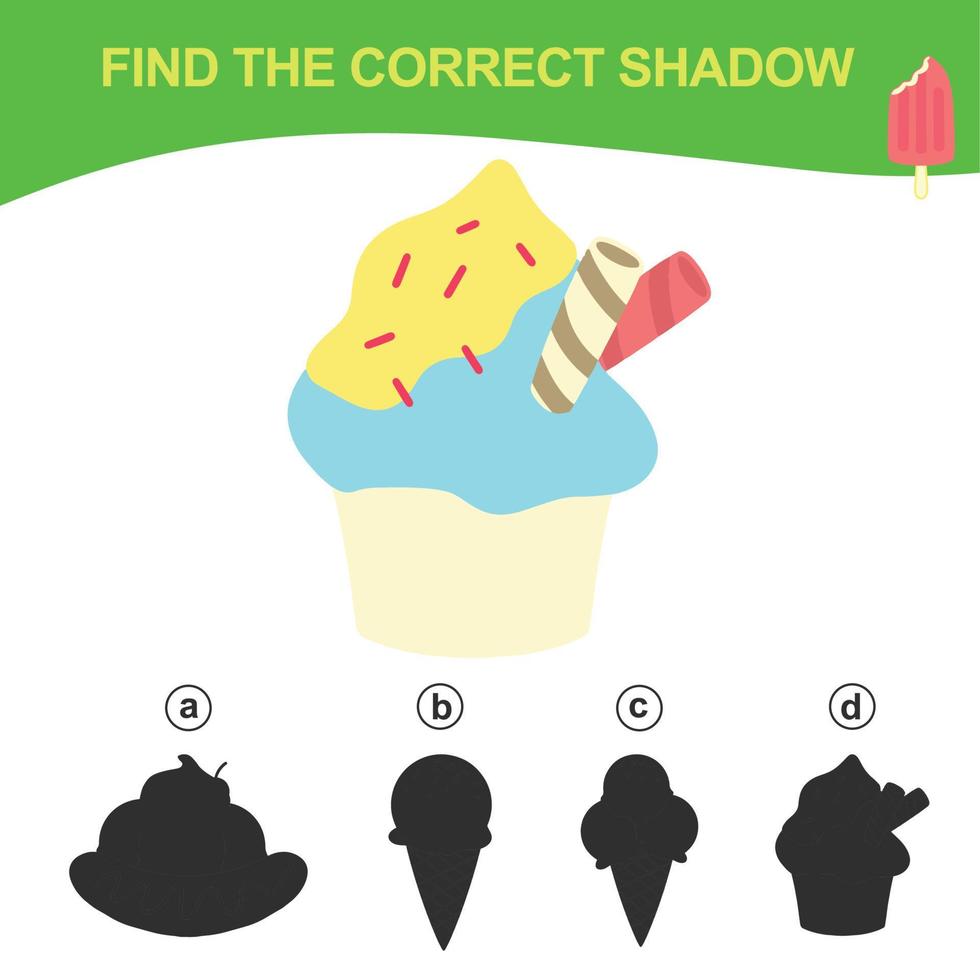 Find the correct shadow. Matching ice cream with the shadow. Worksheet for kid. Educational printable worksheet. Vector illustration.