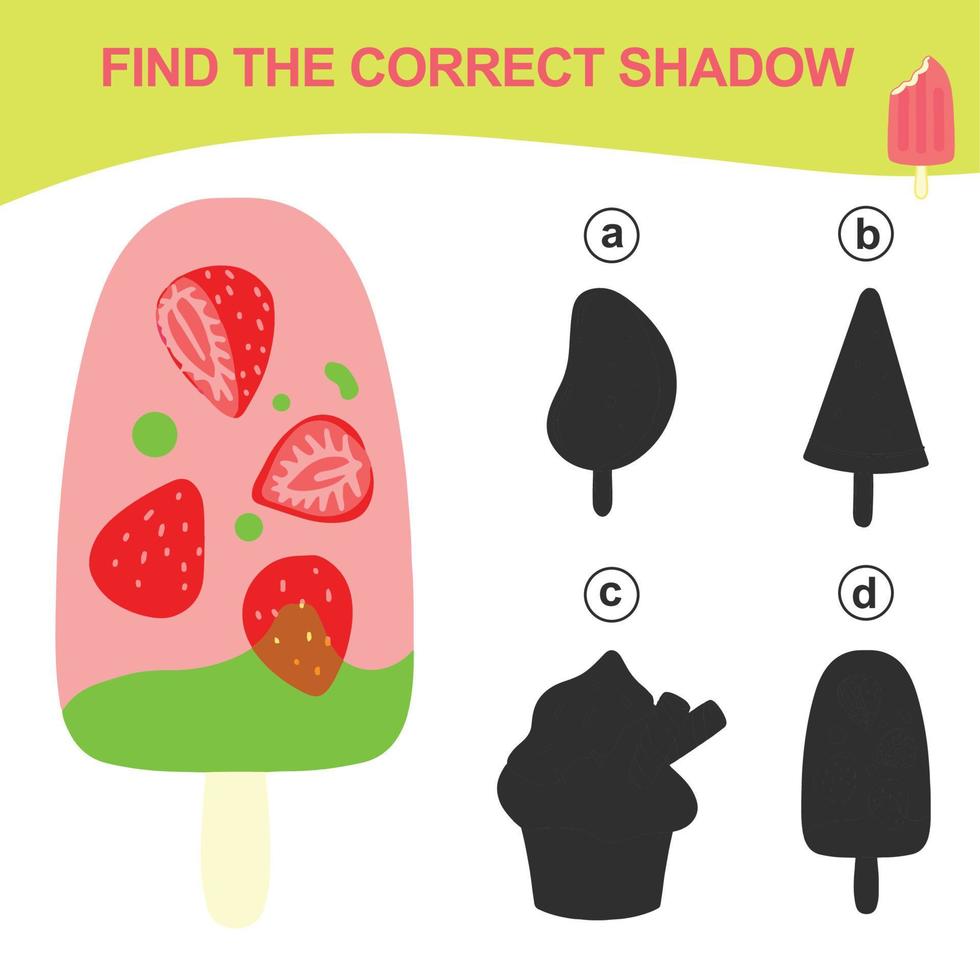 Find the correct shadow. Matching ice cream with the shadow. Worksheet for kid. Educational printable worksheet. Vector illustration.