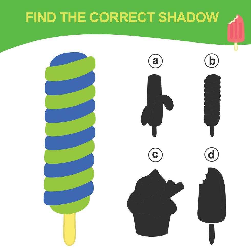 Find the correct shadow. Matching ice cream with the shadow. Worksheet for kid. Educational printable worksheet. Vector illustration.