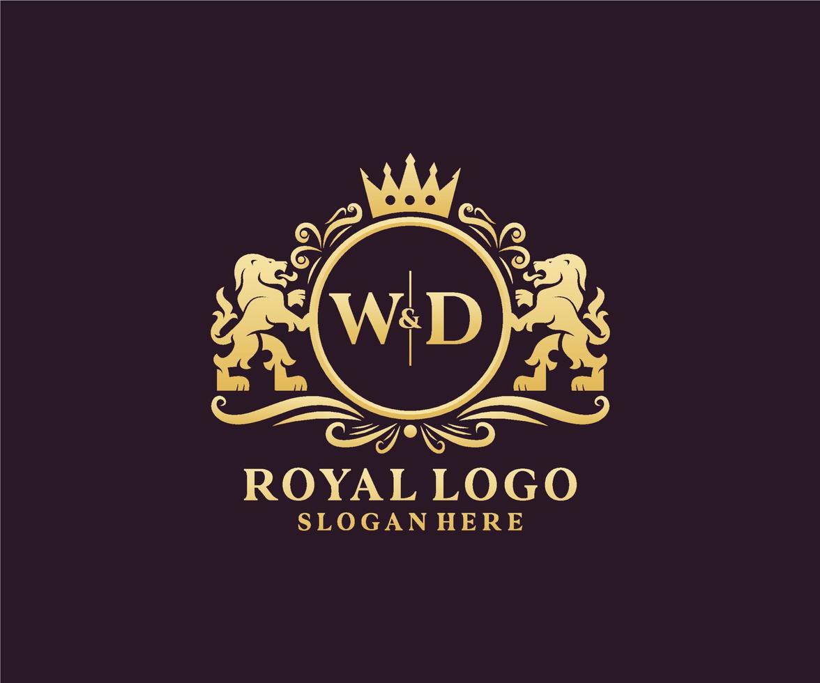 Initial WD Letter Lion Royal Luxury Logo template in vector art for Restaurant, Royalty, Boutique, Cafe, Hotel, Heraldic, Jewelry, Fashion and other vector illustration.