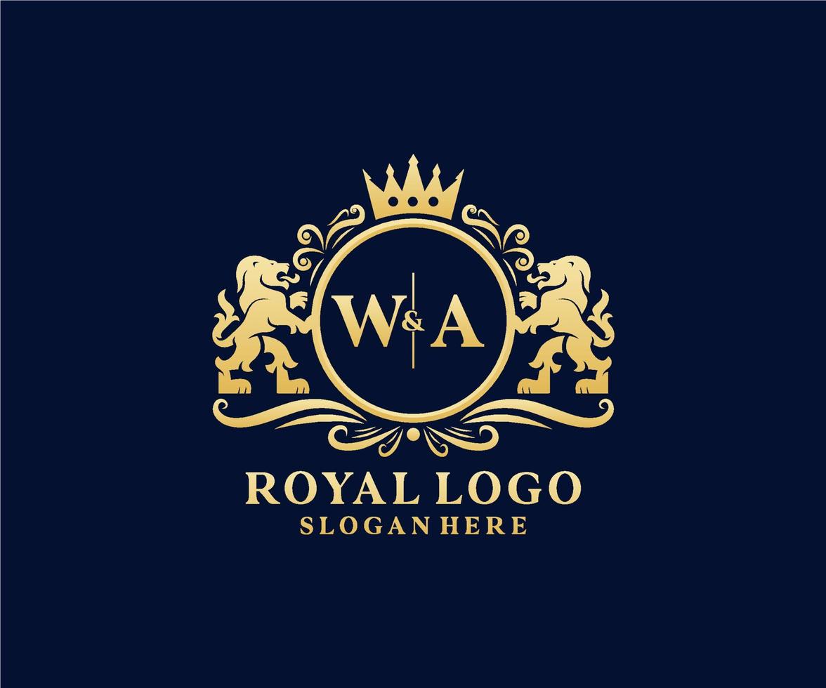 Initial WA Letter Lion Royal Luxury Logo template in vector art for Restaurant, Royalty, Boutique, Cafe, Hotel, Heraldic, Jewelry, Fashion and other vector illustration.