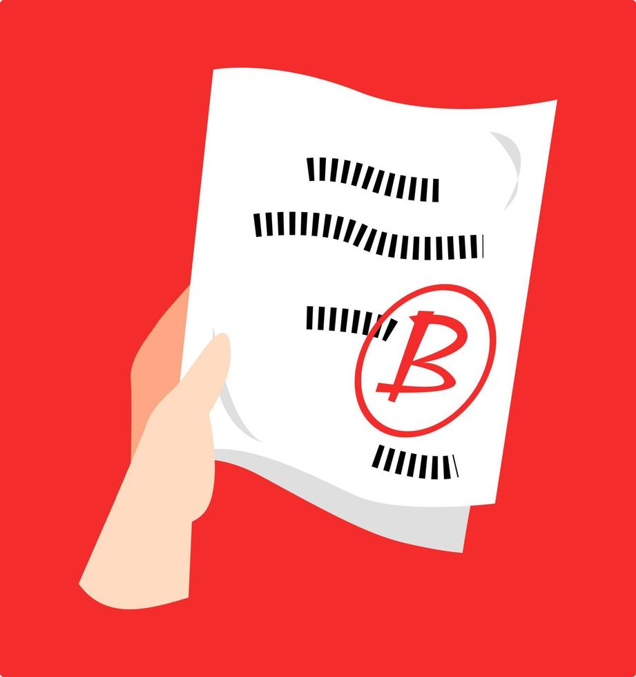 hand holding exam paper with grade b. concept of school, study, university, lesson. vector