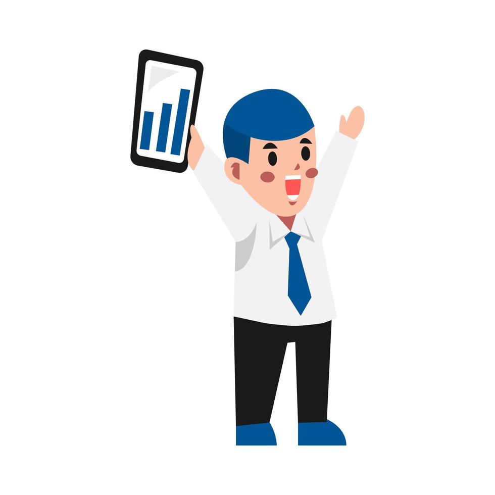 cute businessman character holding smart phone with graph up. man with happy expression. business concept, digital economy, success, growth, marketing, technology. flat vector illustration.