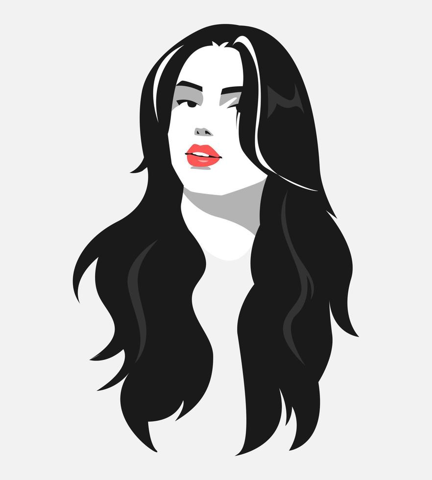 Monochrome portrait of a beautiful woman with long wavy hair. red lips. beauty concept, woman, hairstyle. suitable for print, sticker, poster, avatar, profile picture and more. vector illustration.
