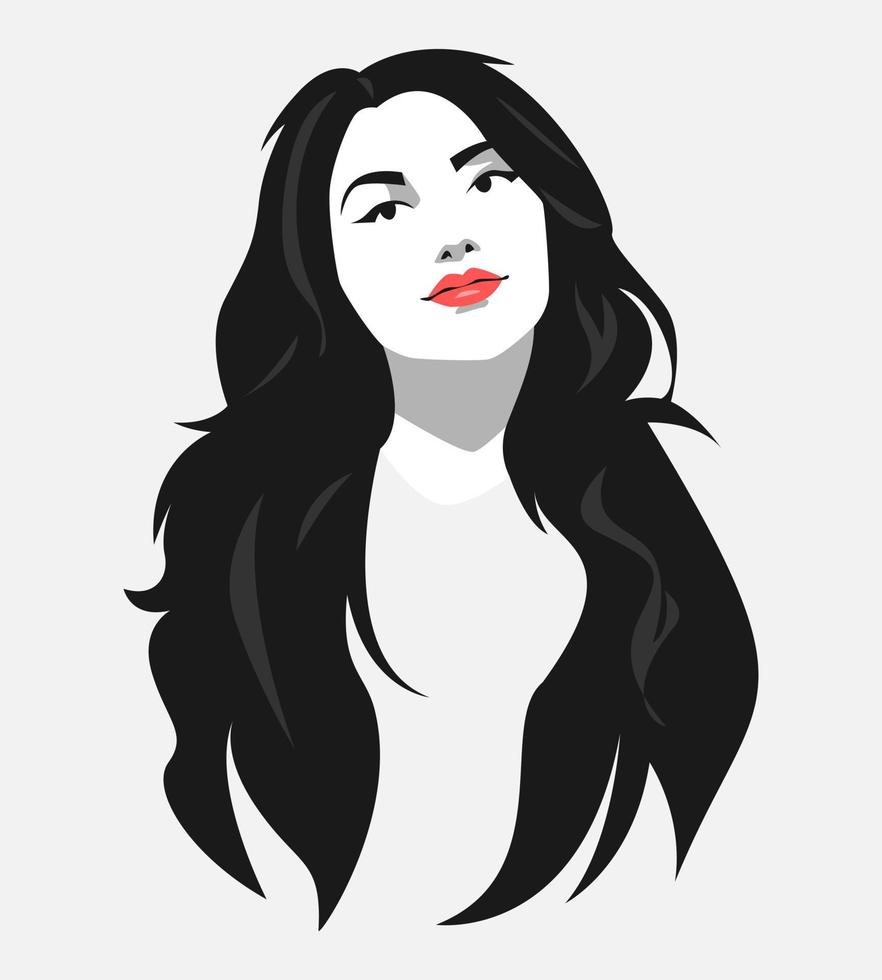 monocromo retrato de un hermosa mujer con largo ondulado cabello. rojo labios. belleza concepto, mujer, peinado. adecuado para imprimir, pegatina, póster, avatar, perfil imagen y más. vector ilustración.
