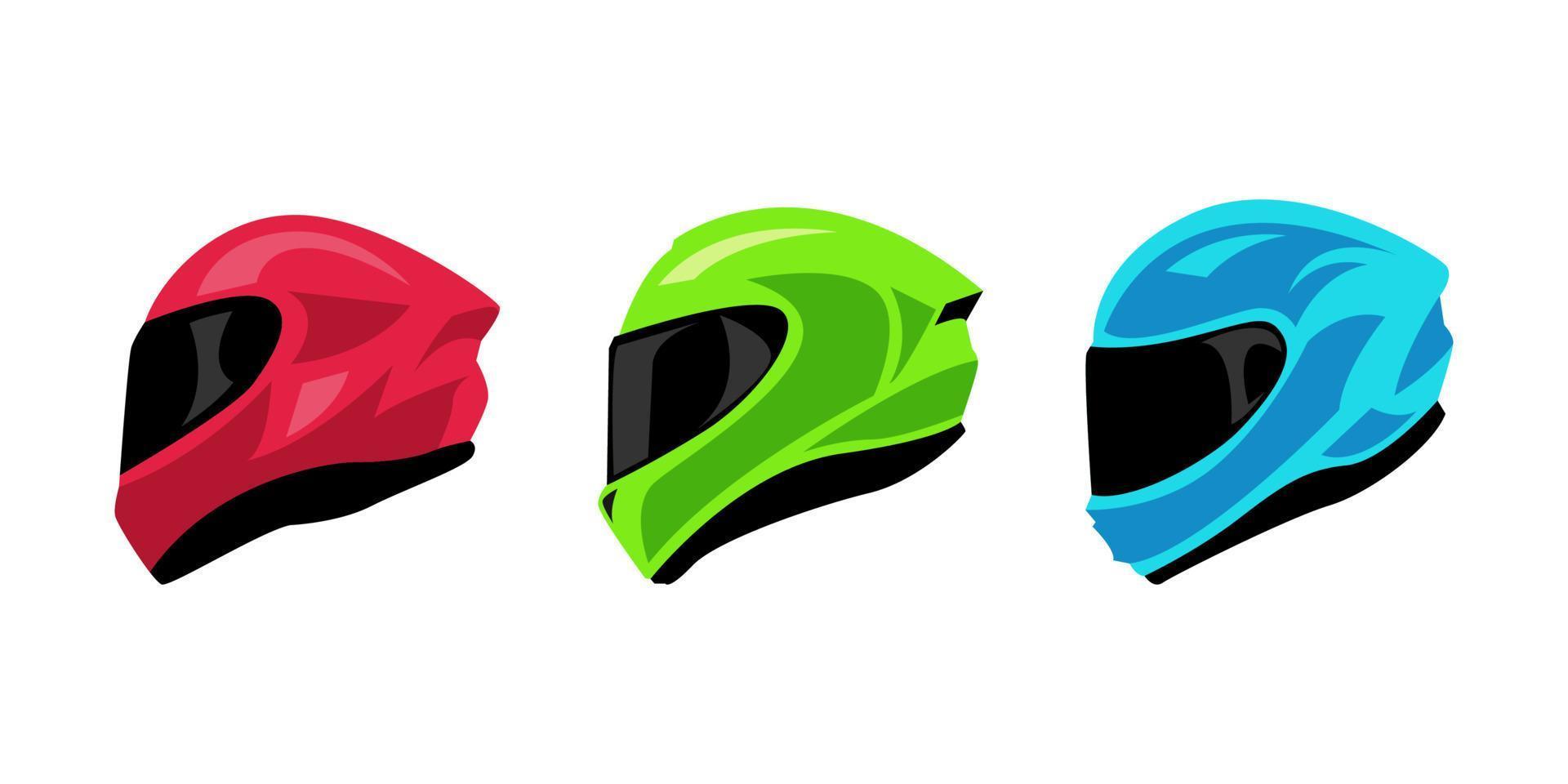 set of full face helmet with different colors and shapes. side view. concept of head protection, vehicle, sport, race, rider. flat vector illustration.