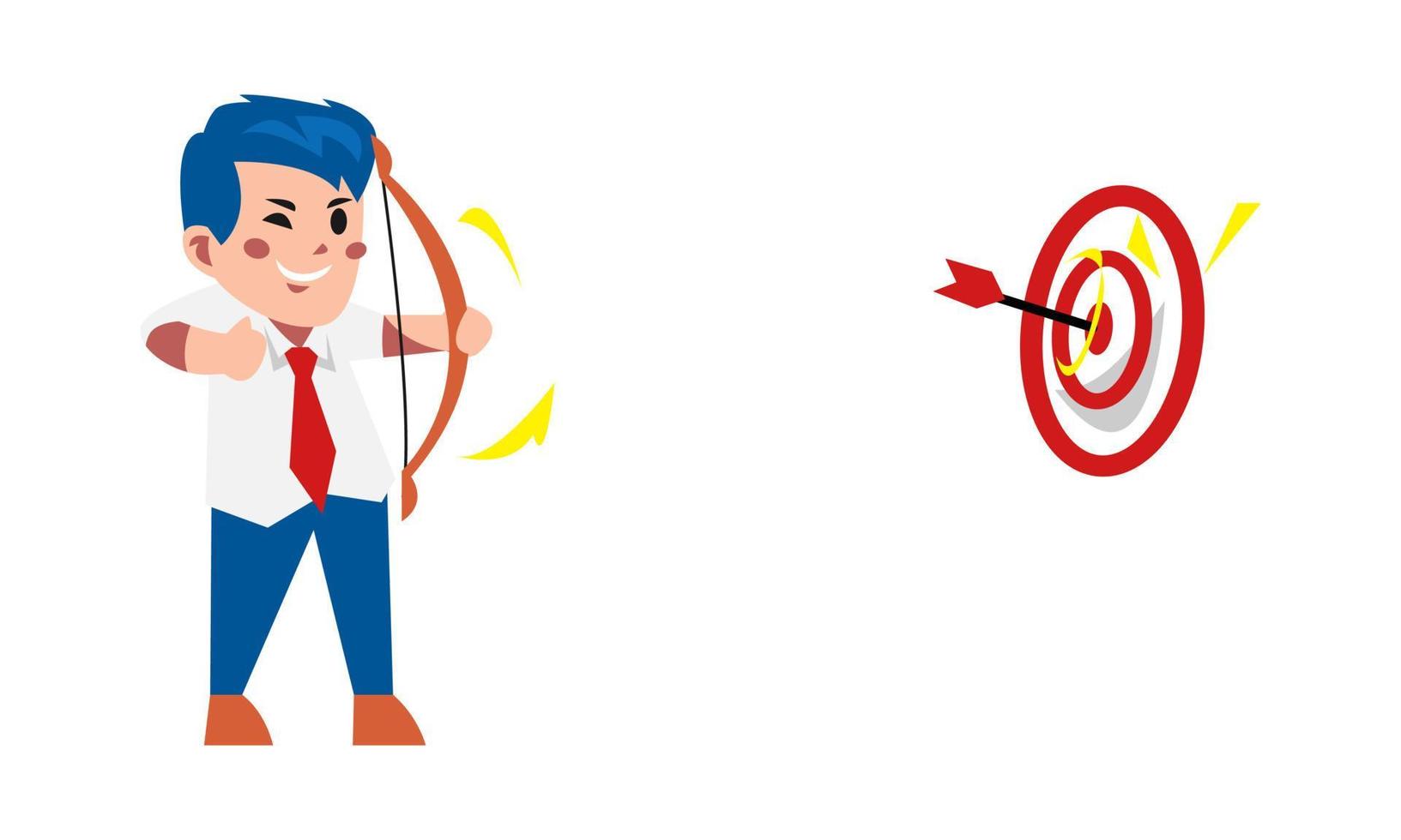 cute businessman character shooting on target. man holding bow concept of business, success, finance, target, economy. flat vector illustration.