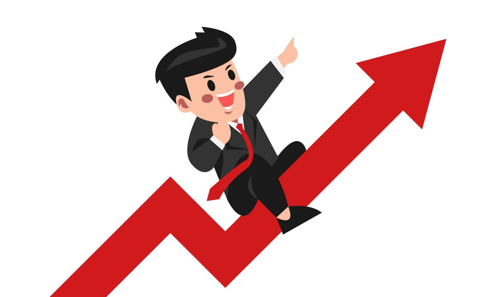 cute male character going up arrow pointing up. businessman flying with graph. concept of business, success, growth, finance. flat vector illustration.