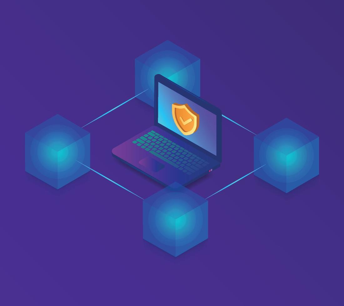 Blockchain technology fintech cryptocurrency block chain server. Linked block contain cryptography hash and transaction data. Isometric design concept blockchain and cryptocurrency technology. vector