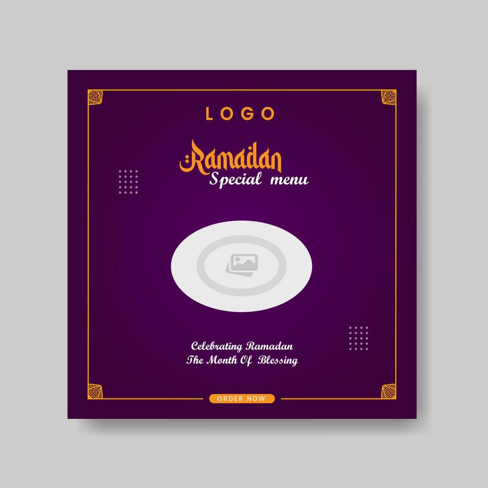 Ramadan Buffet Iftar Social Media Post Banner. Ramadan Theme Food Delivery Square Banner with Lantern. Good used for Food Social Media Post. Ramadan Kareem special food menu social media post banner vector