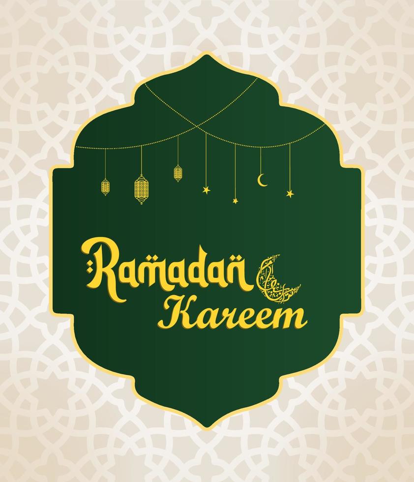 Ramadán kareem Inglés tipografía y Arábica caligrafía saludos. un islámico saludo texto en Inglés para santo mes contento Ramadán. islámico antecedentes diseño con mezquita. vector