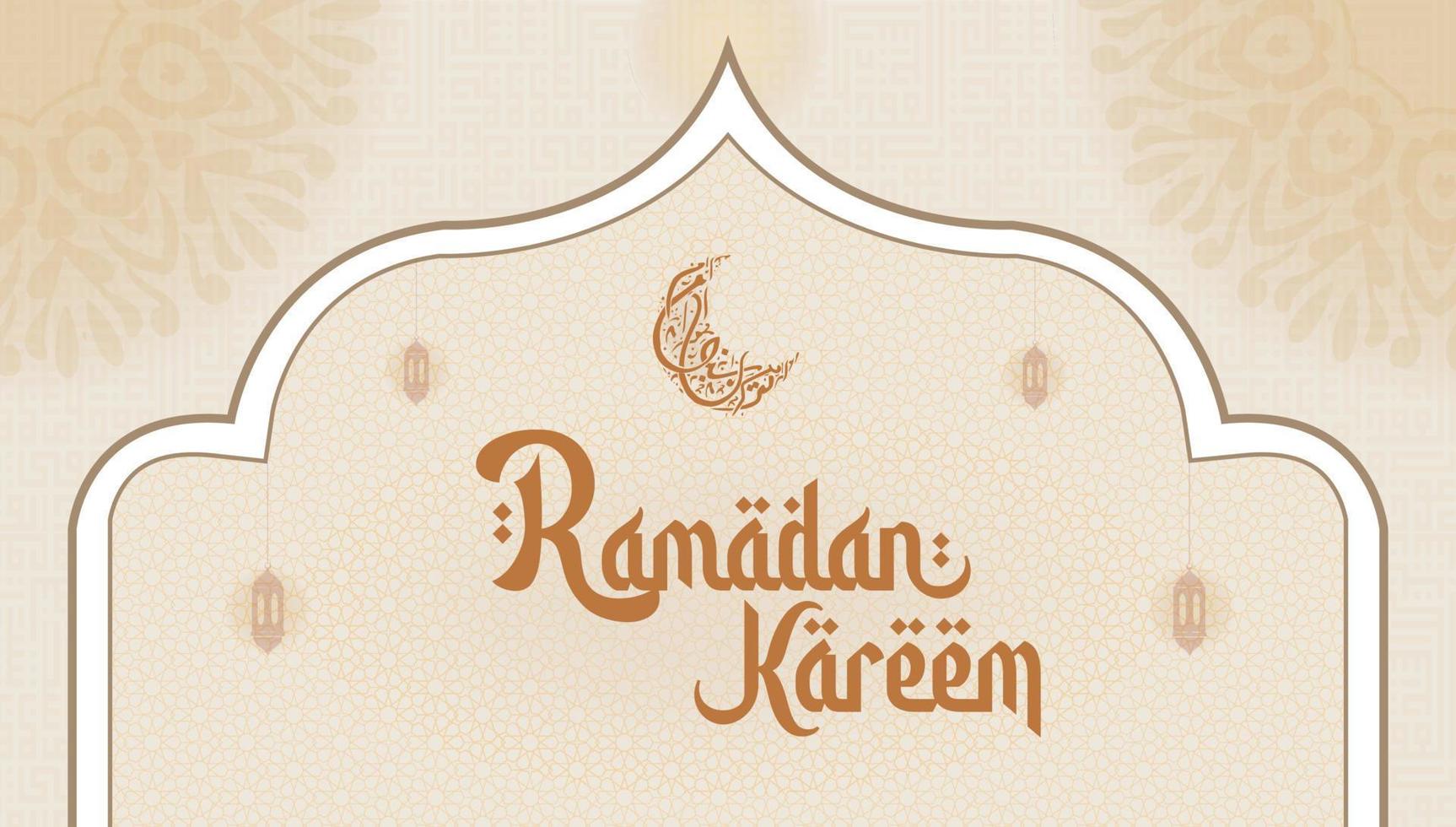 Ramadan Kareem English Typography and arabic calligraphy greetings. An Islamic greeting text in english for holy month happy ramadan. Islamic background design with mosque. vector