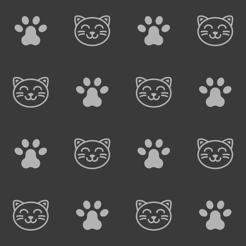 Cute kitten with paw seamless pattern in dark theme. Perfect for kids, ornament, interior walls, wrap, wallpaper, background. Cat, kitten, paw, footprint vector pattern. Pro vector pattern.