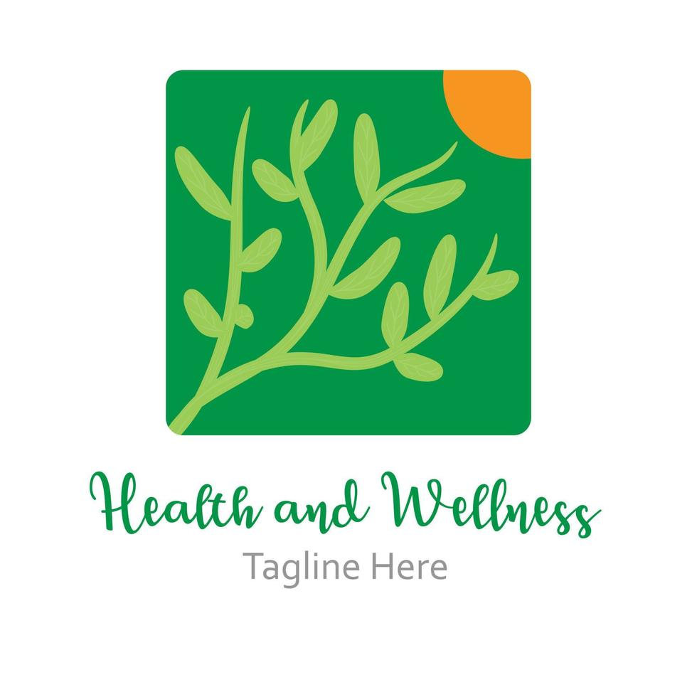 Health and wellness themed logo vector illustration with green growing plant and partial orange sun with dummy text for multipurpose use.