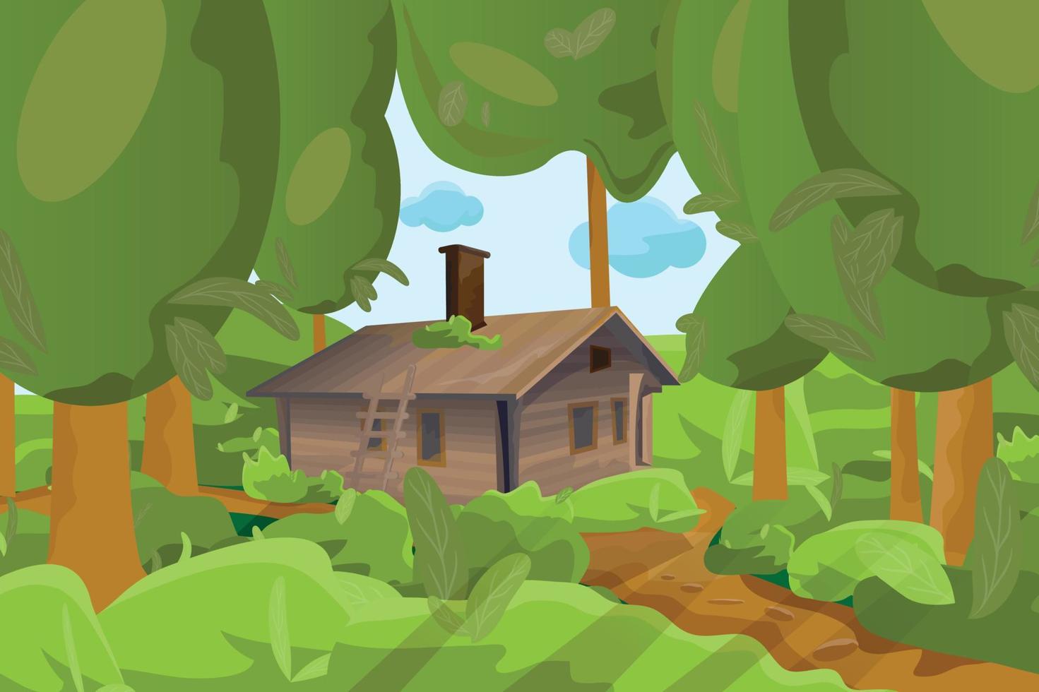 Wooden single log house and green forest or jungle theme vector illustration beautiful background.