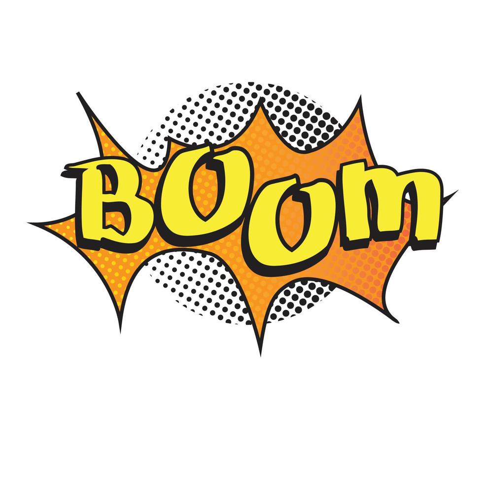 'Boom' written cartoon style vector text art illustration. Comic art with polka dots design.