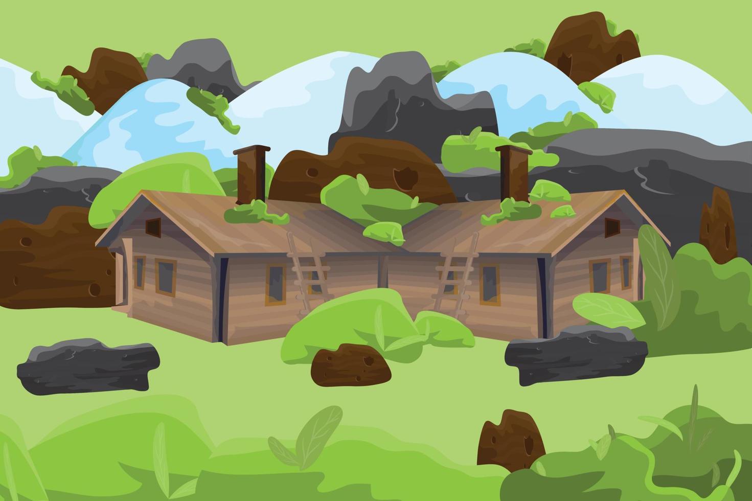 Wooden log houses and green nature, ice mountain, hills, rocks theme vector illustration beautiful background.