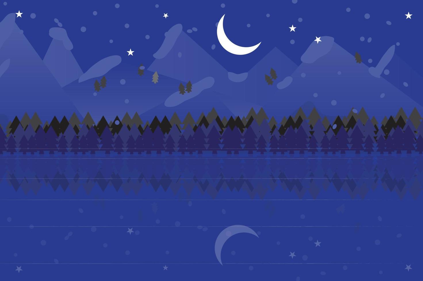 Winter season, mountains with ice and water reflection on night time beautiful landscape vector illustration background.