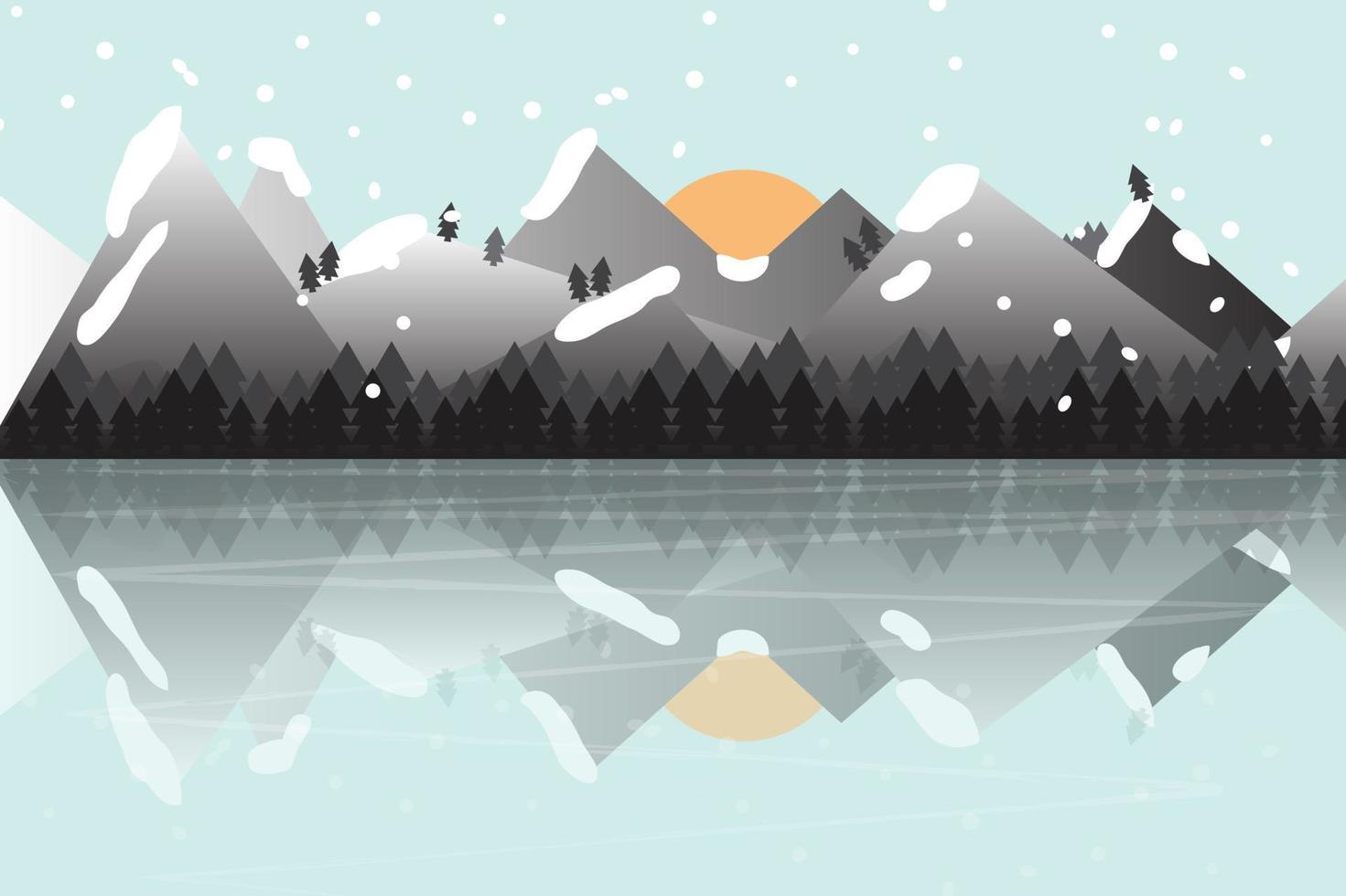 Winter season, mountains with ice and water reflection on day time beautiful landscape vector illustration background.