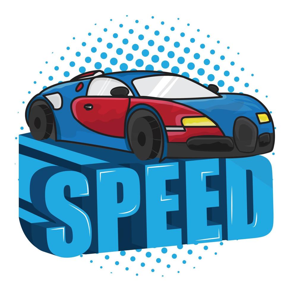 Blue car design and 'Speed' 3d text art vector illustration logo design for multipurpose use.