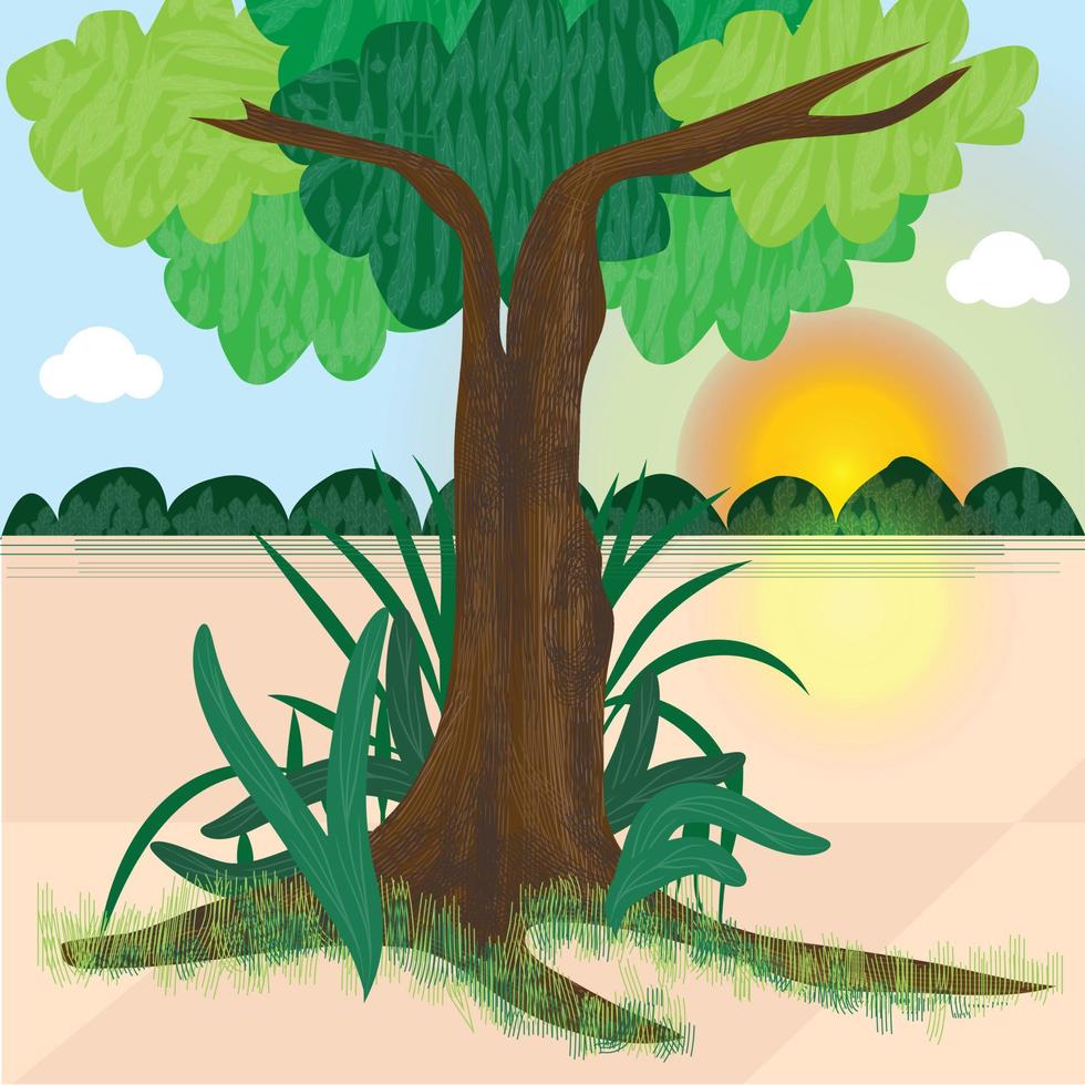 hermosa naturaleza antecedentes vector ilustración con árbol, césped, tierra y amanecer.