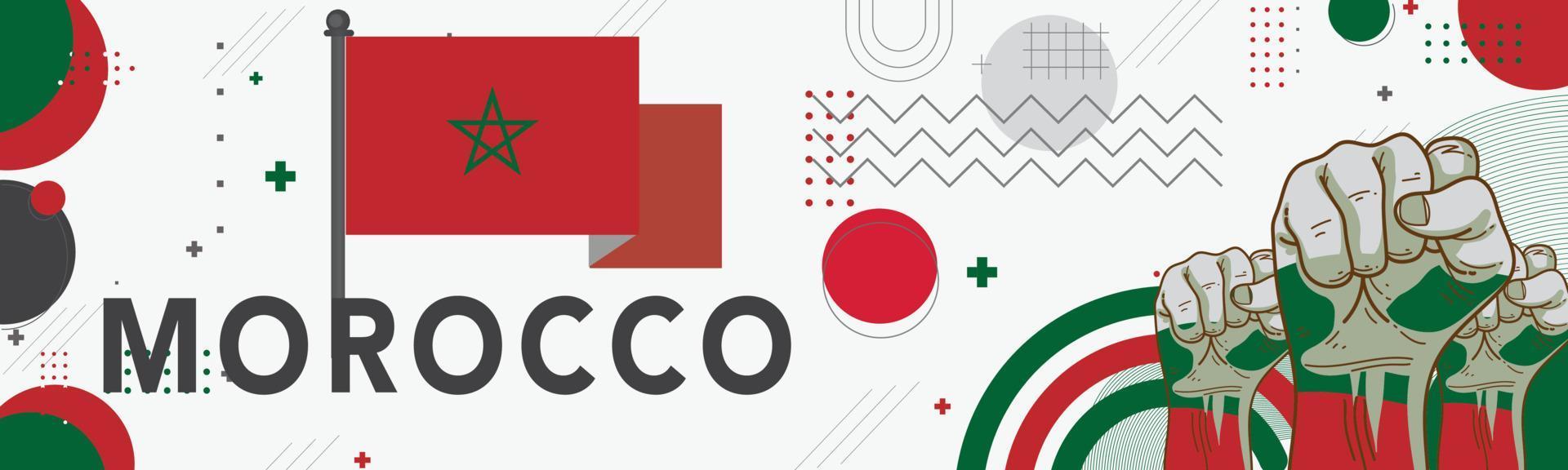 Marruecos nacional día bandera con bandera colores tema antecedentes y geométrico resumen retro moderno verde rojo diseño. marroquí gente. Deportes juegos partidarios vector ilustración