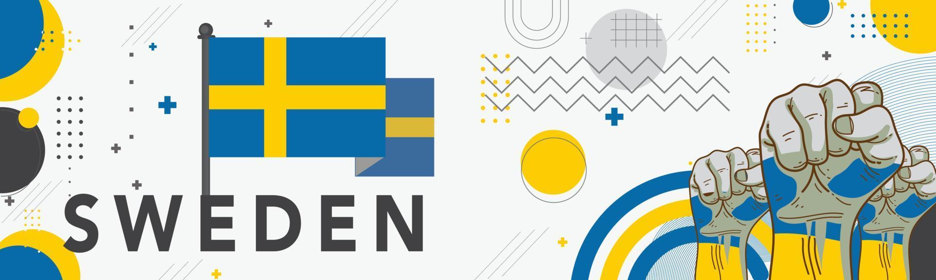 Banner Sweden national day with geometric retro icons and Swedish flag map color scheme. Landmarks like Riddarholmen church, city hall Stockholm in background. 6 June celebration. Blue Yellow. Vector