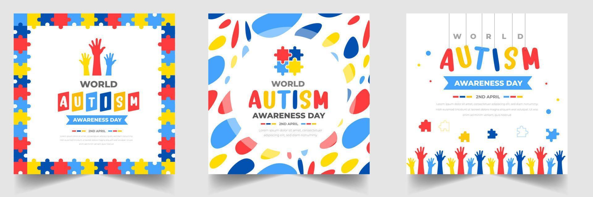 World autism awareness day social media post banner design template set. World autism day colorful puzzle vector banner. Symbol of autism. autism Health care Medical flat background of April 02