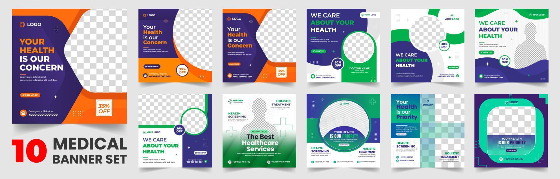 set of 10 big mega collection bundle Medical healthcare Social Media Post banner Template, Medical Healthcare Social Media Banner Template set, doctor medical healthcare social media post bundle. vector