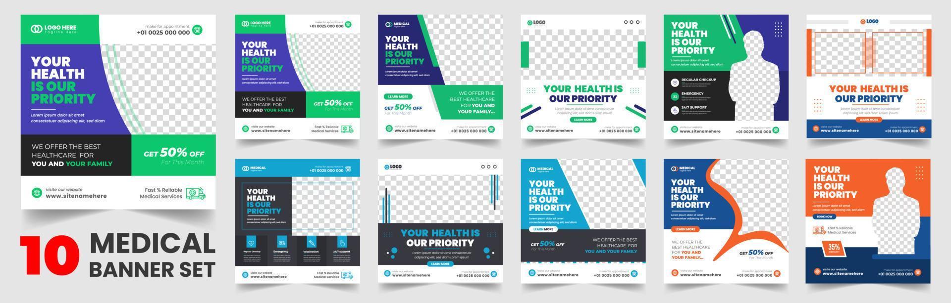 set of 10 big mega collection bundle Medical healthcare Social Media Post banner Template, Medical Healthcare Social Media Banner Template set, doctor medical healthcare social media post bundle. vector