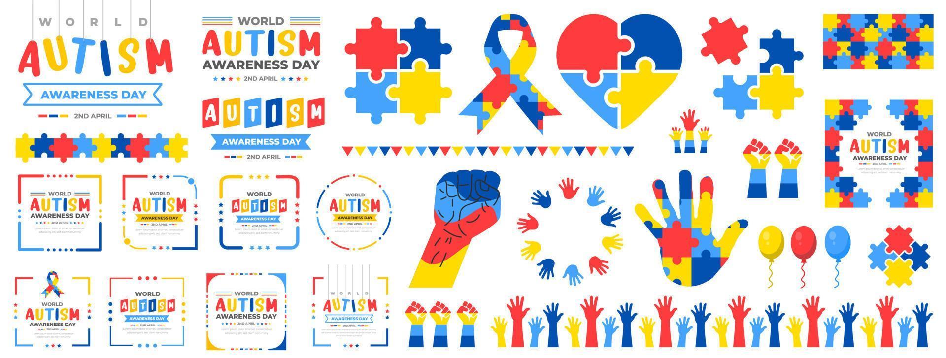 big mega set of World autism awareness day background typography, puzzles head child, heart, hand, balloon, ribbon icon design template set. World autism day colorful text and frame design bundle. vector